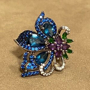 Floral Butterfly Blue Crystal Statement Ring